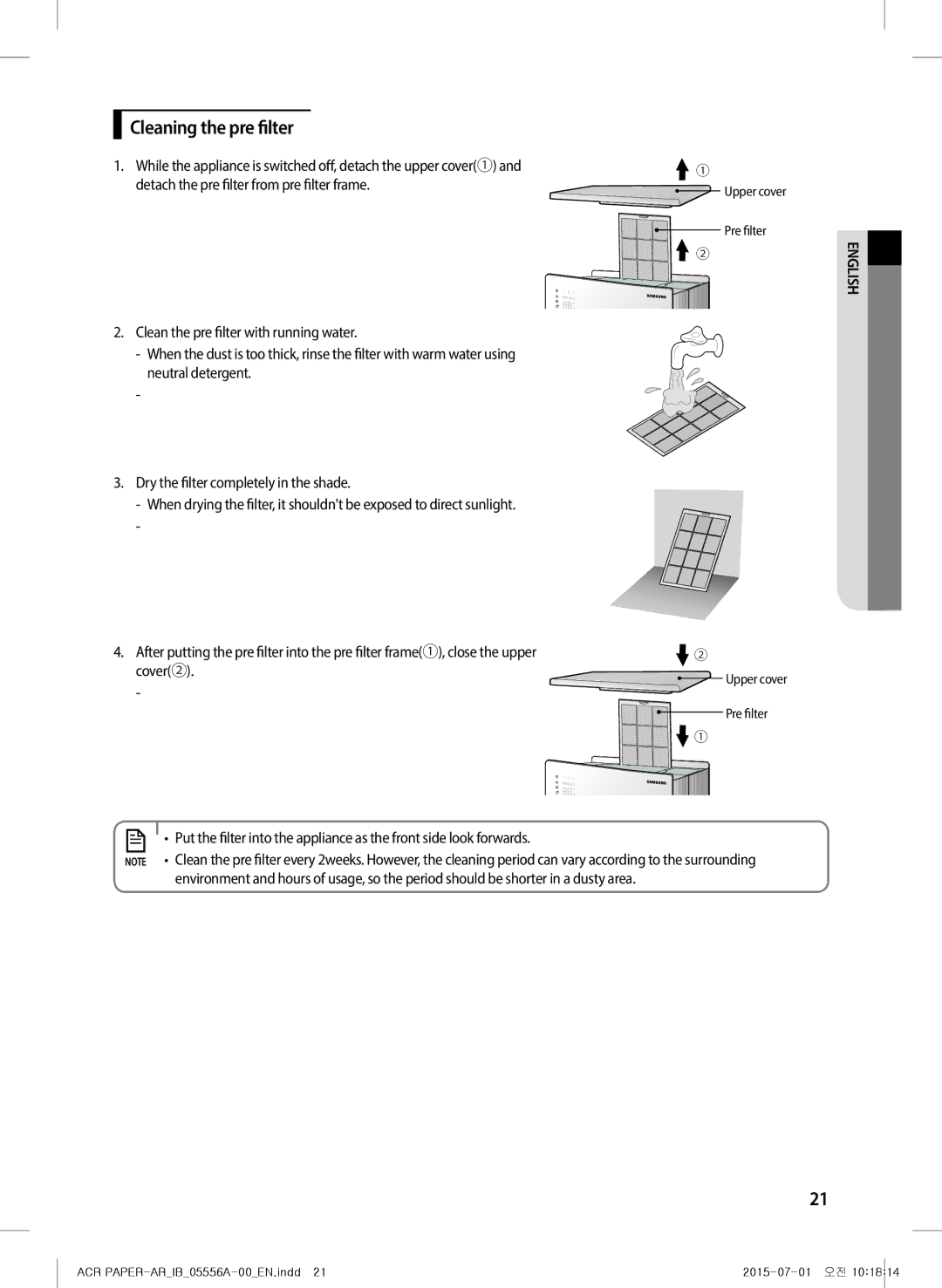 Samsung AX40H6500WQ/MG manual Cleaning the pre filter, Upper cover Pre filter 