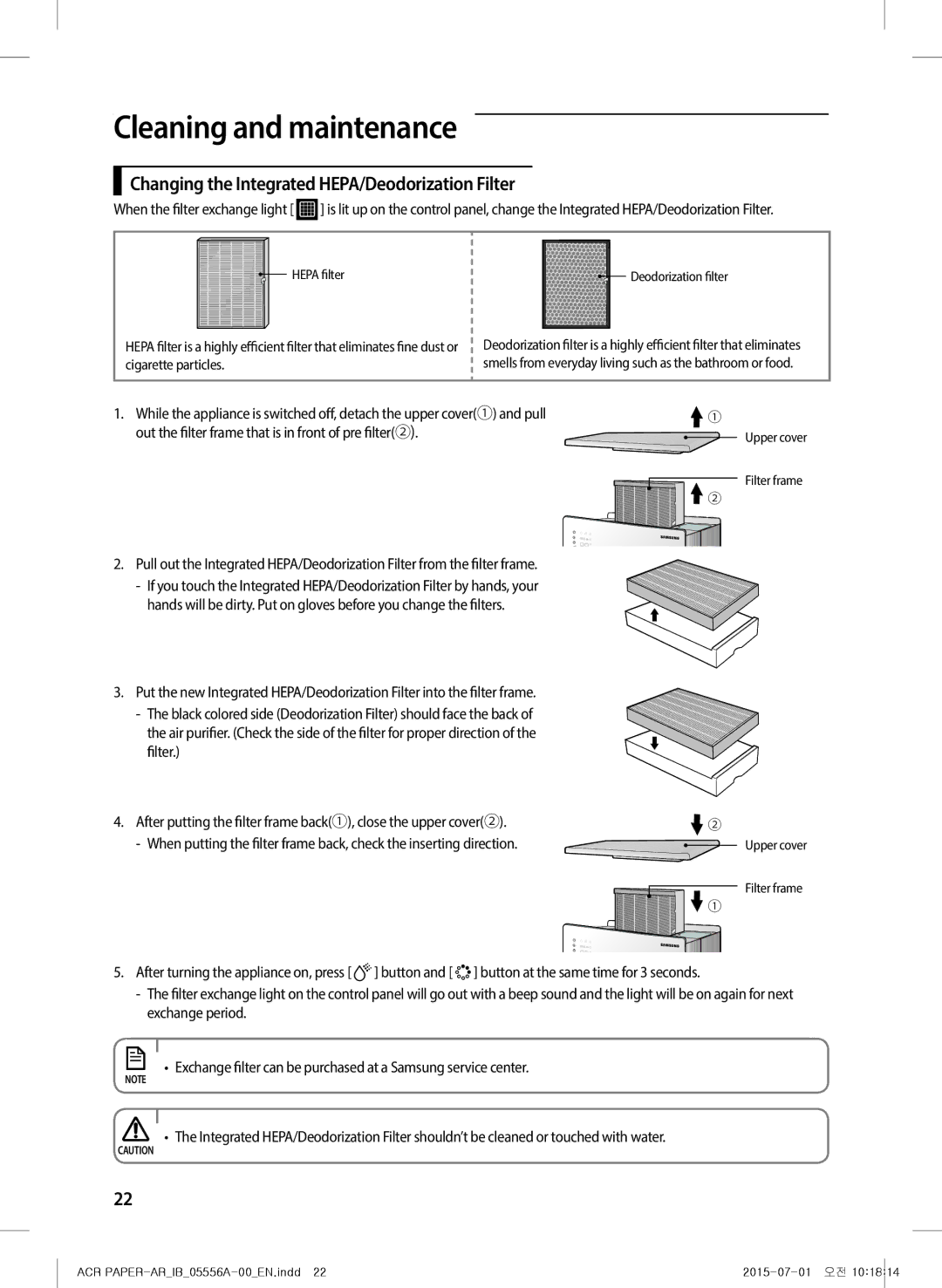 Samsung AX40H6500WQ/MG manual Changing the Integrated HEPA/Deodorization Filter, Hepa filter, Upper cover Filter frame 