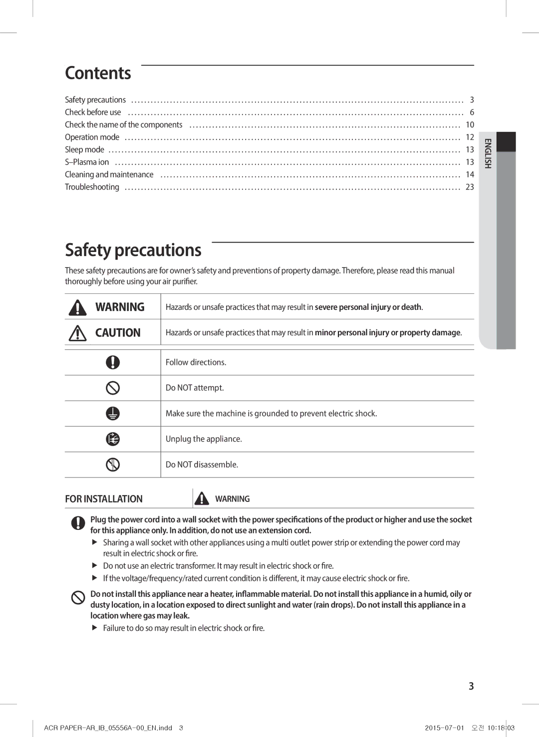 Samsung AX40H6500WQ/MG manual Contents, Safety precautions 