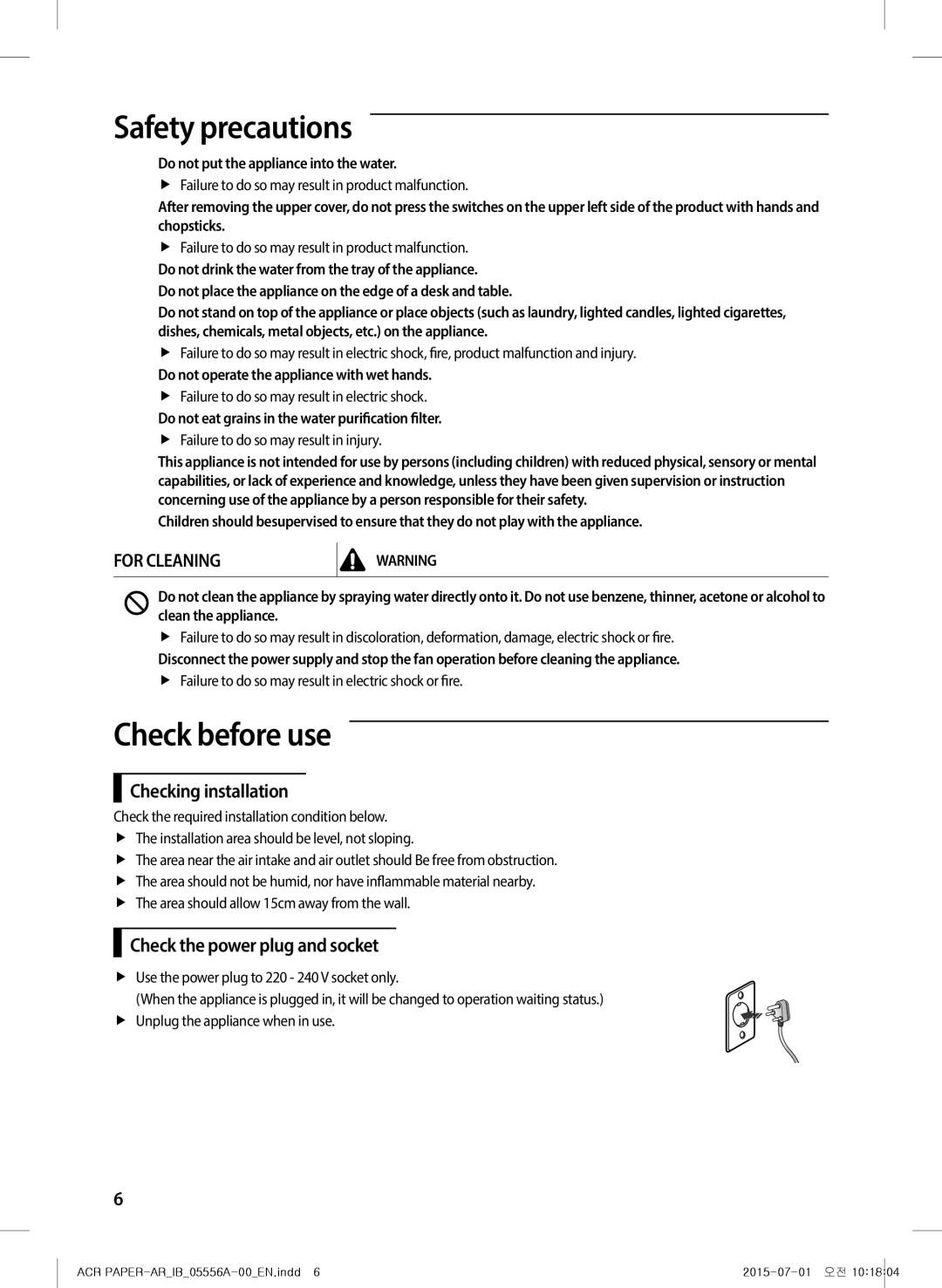 Samsung AX40H6500WQ/MG manual Check before use, Checking installation, Check the power plug and socket 