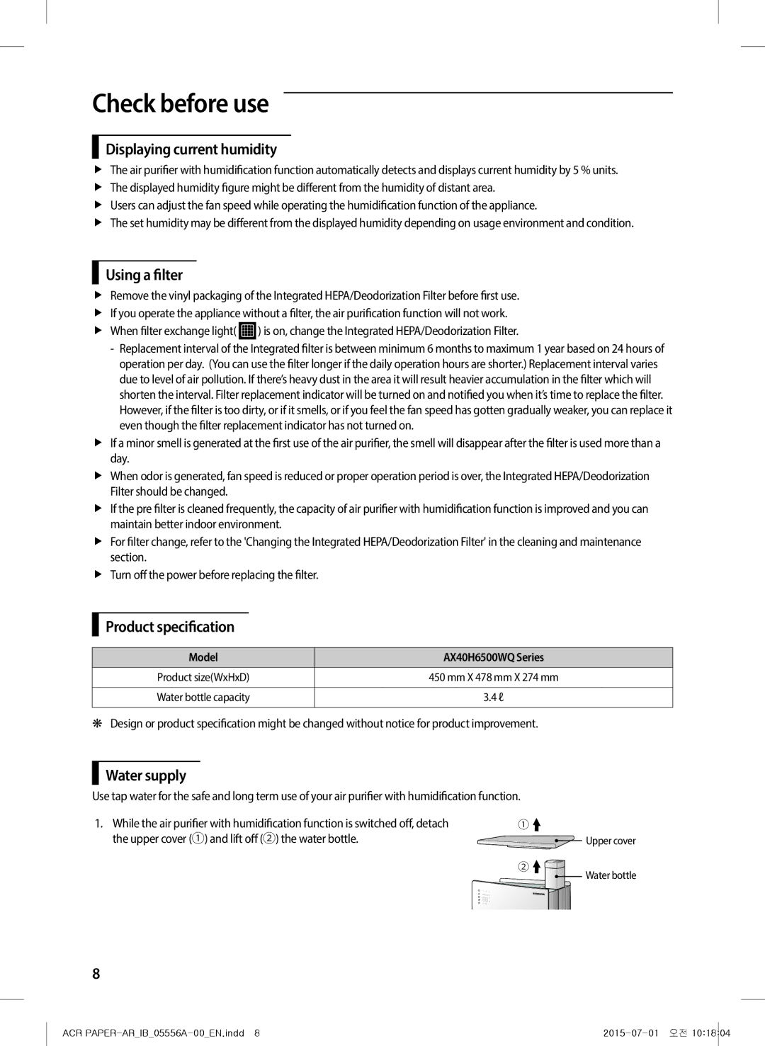 Samsung AX40H6500WQ/MG manual Displaying current humidity, Using a filter, Product specification, Water supply 