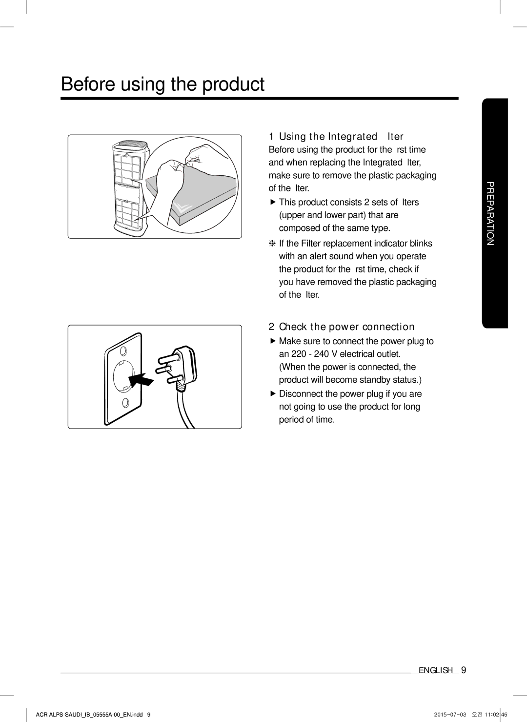 Samsung AX70J7100WT/MG manual Before using the product, Using the Integrated filter, Check the power connection 