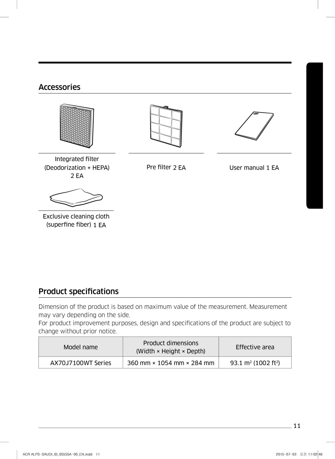 Samsung AX70J7100WT/MG manual Accessories, Product specifications 