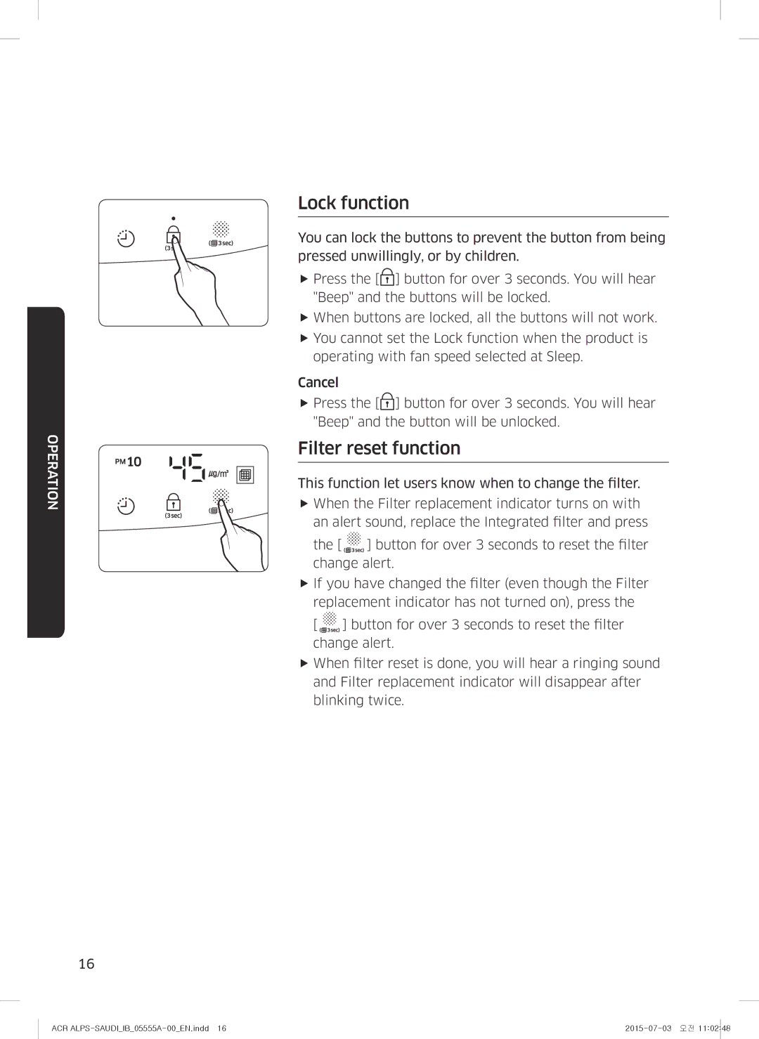 Samsung AX70J7100WT/MG manual Lock function, Filter reset function 