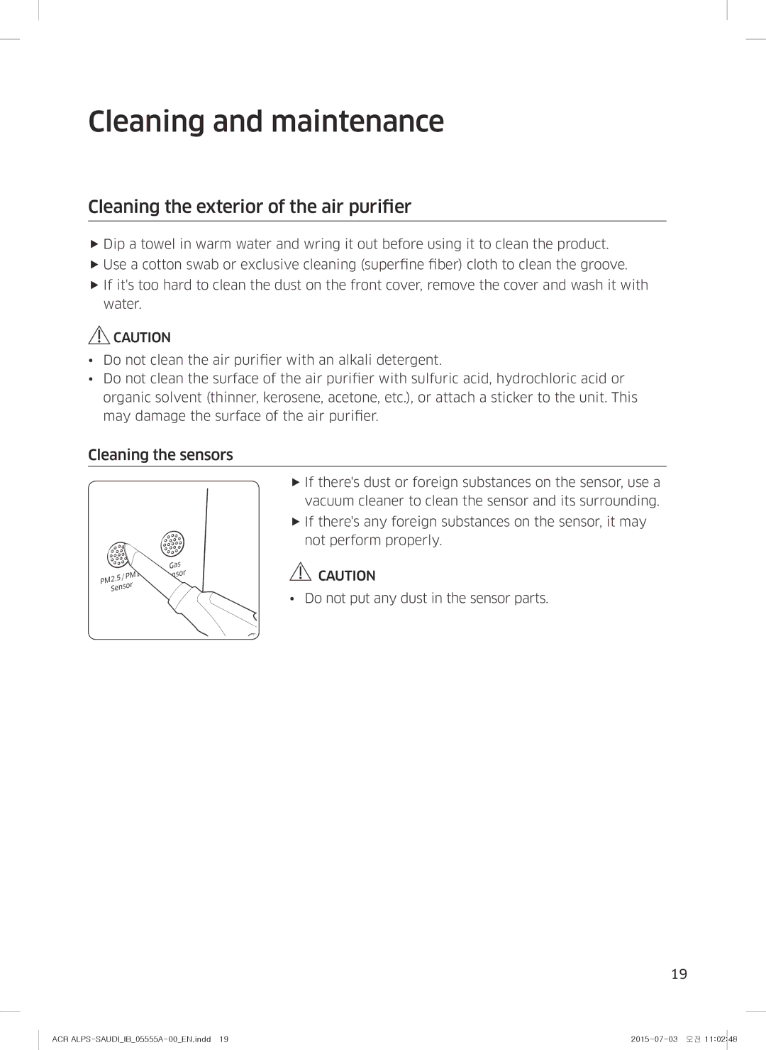 Samsung AX70J7100WT/MG manual Cleaning and maintenance, Cleaning the exterior of the air purifier, Cleaning the sensors 