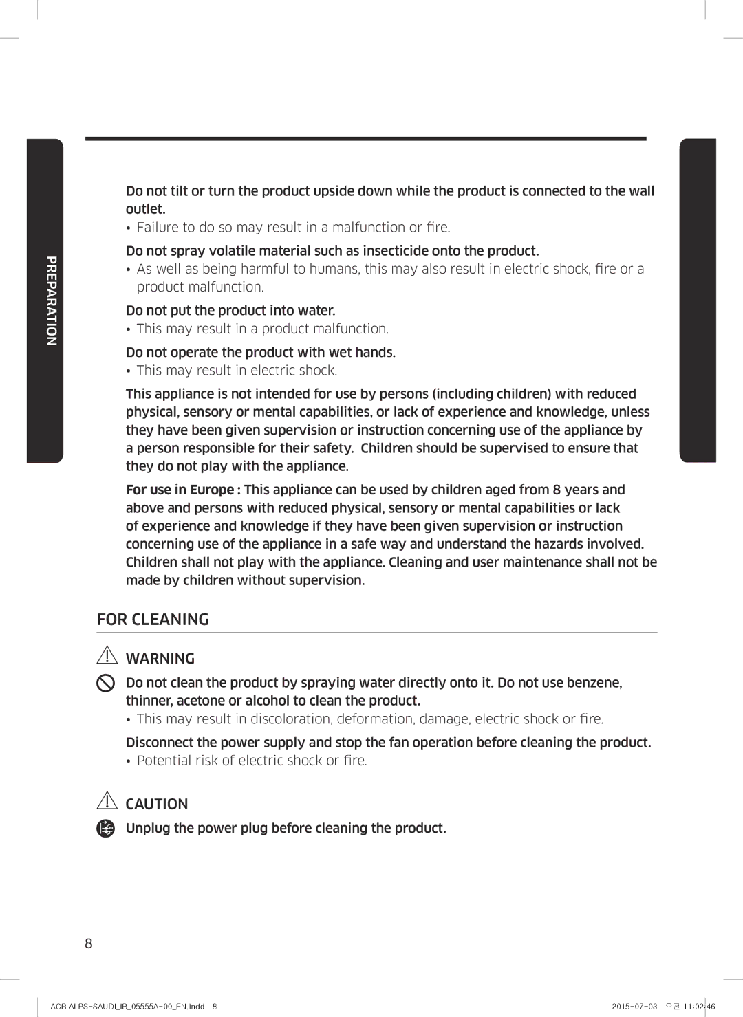 Samsung AX70J7100WT/MG manual For Cleaning 