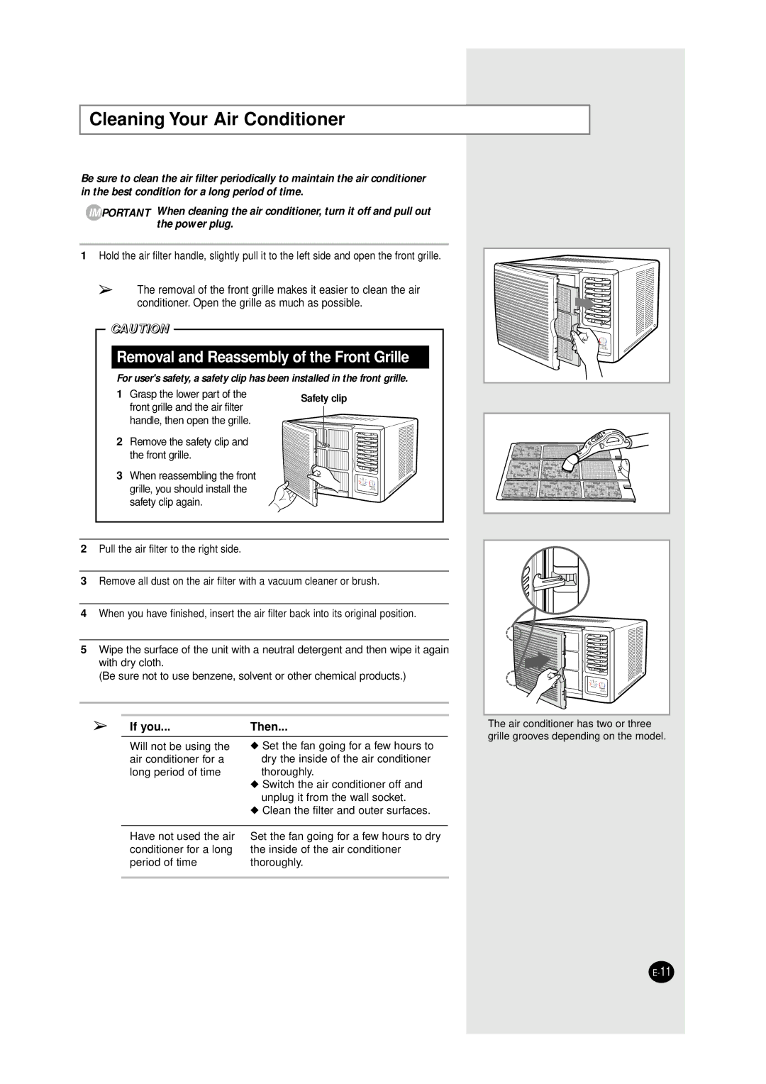 Samsung AZ09F1KE manual Cleaning Your Air Conditioner, Removal and Reassembly of the Front Grille 