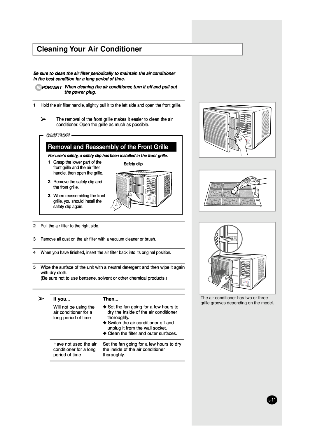 Samsung AZ09F1KE manual Cleaning Your Air Conditioner, Removal and Reassembly of the Front Grille, If you, Then 