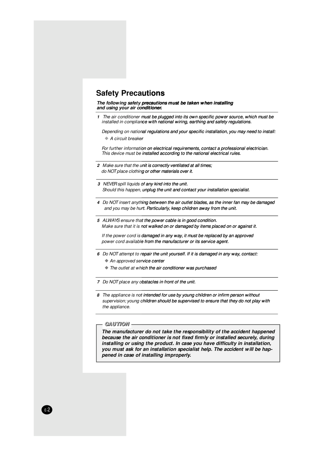 Samsung AZ09F1KE manual Safety Precautions 