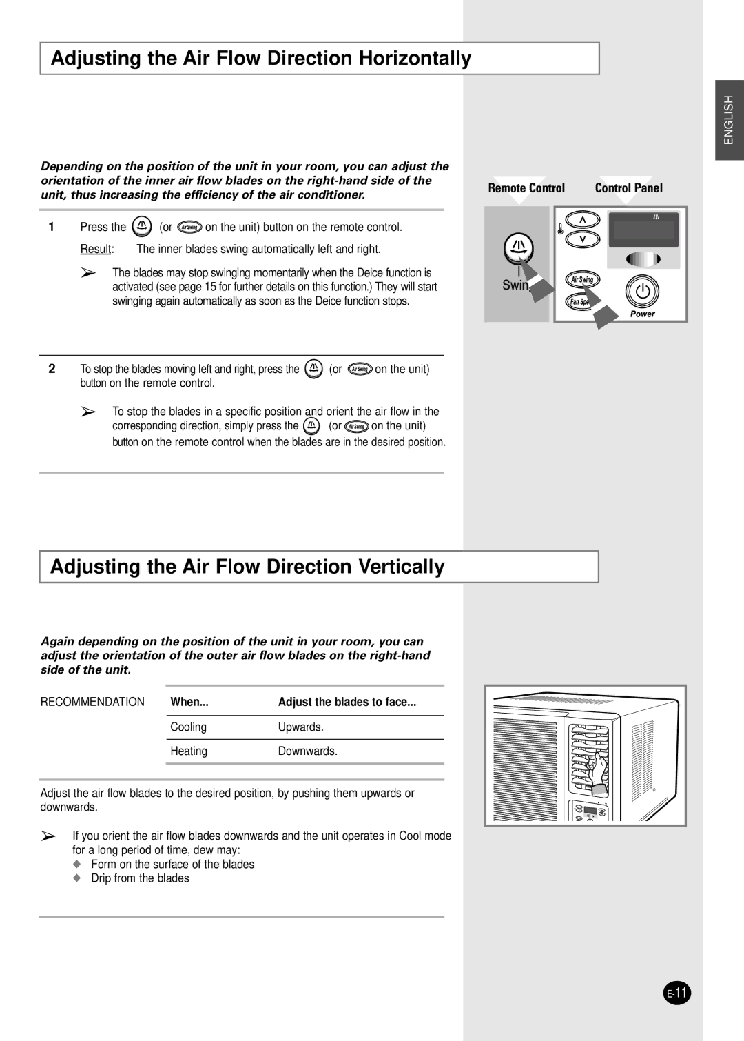 Samsung AZ18FAMEB1/ABS manual Adjusting the Air Flow Direction Horizontally, Adjusting the Air Flow Direction Vertically 