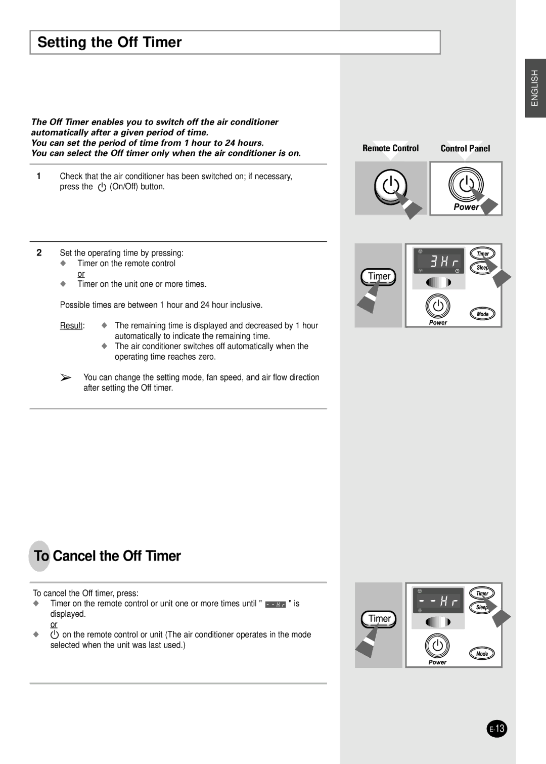 Samsung AZ18FAMEB6/SAR, AZ18AAMEB1/UPA, AZ18FAMEB1/ABS manual Setting the Off Timer, To Cancel the Off Timer 