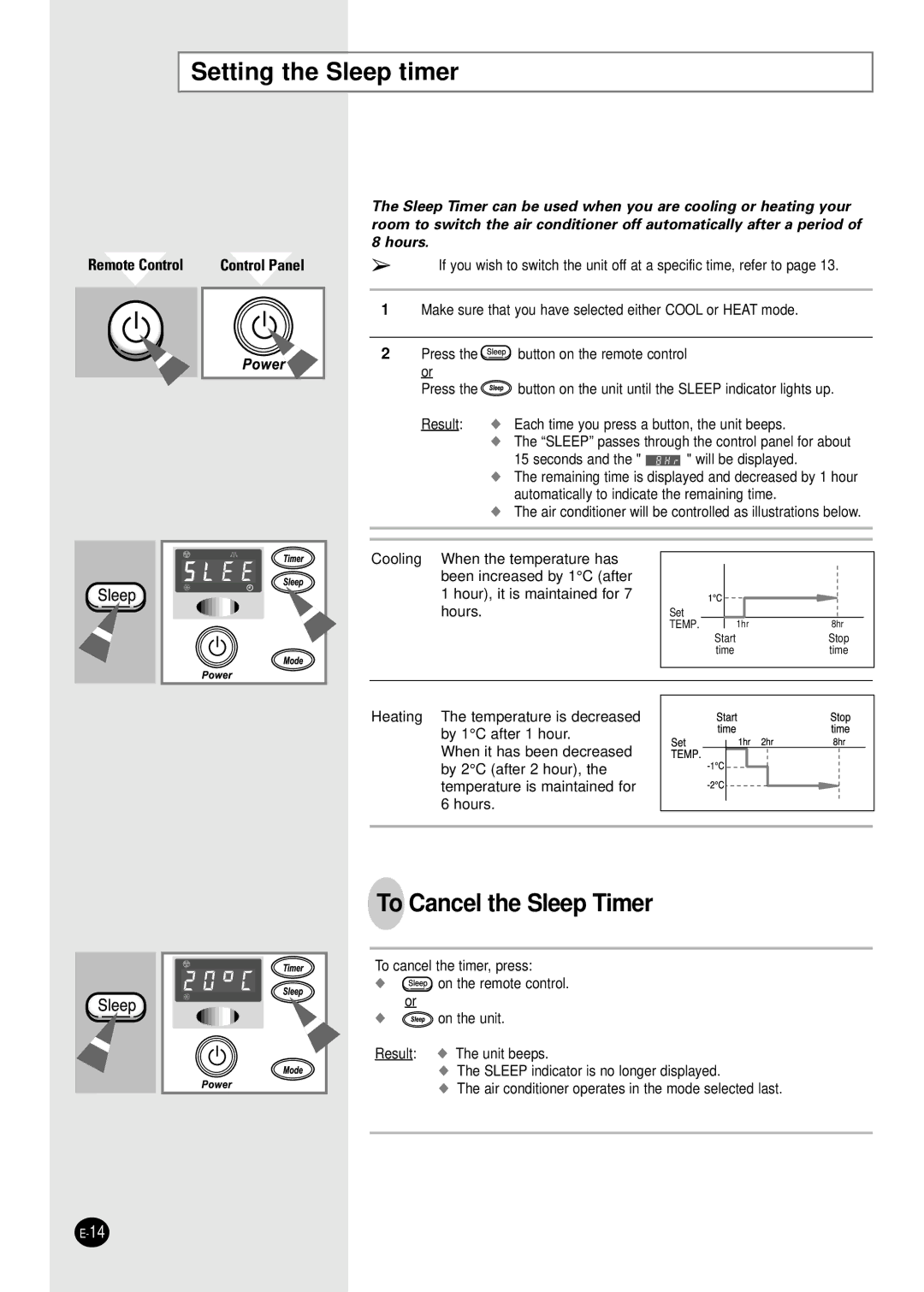 Samsung AZ18FAMEB1/ABS, AZ18AAMEB1/UPA, AZ18FAMEB6/SAR manual Setting the Sleep timer, To Cancel the Sleep Timer 