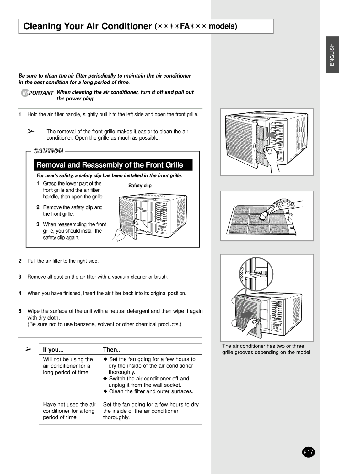 Samsung AZ18FAMEB1/ABS, AZ18AAMEB1/UPA Cleaning Your Air Conditioner FA models, Removal and Reassembly of the Front Grille 