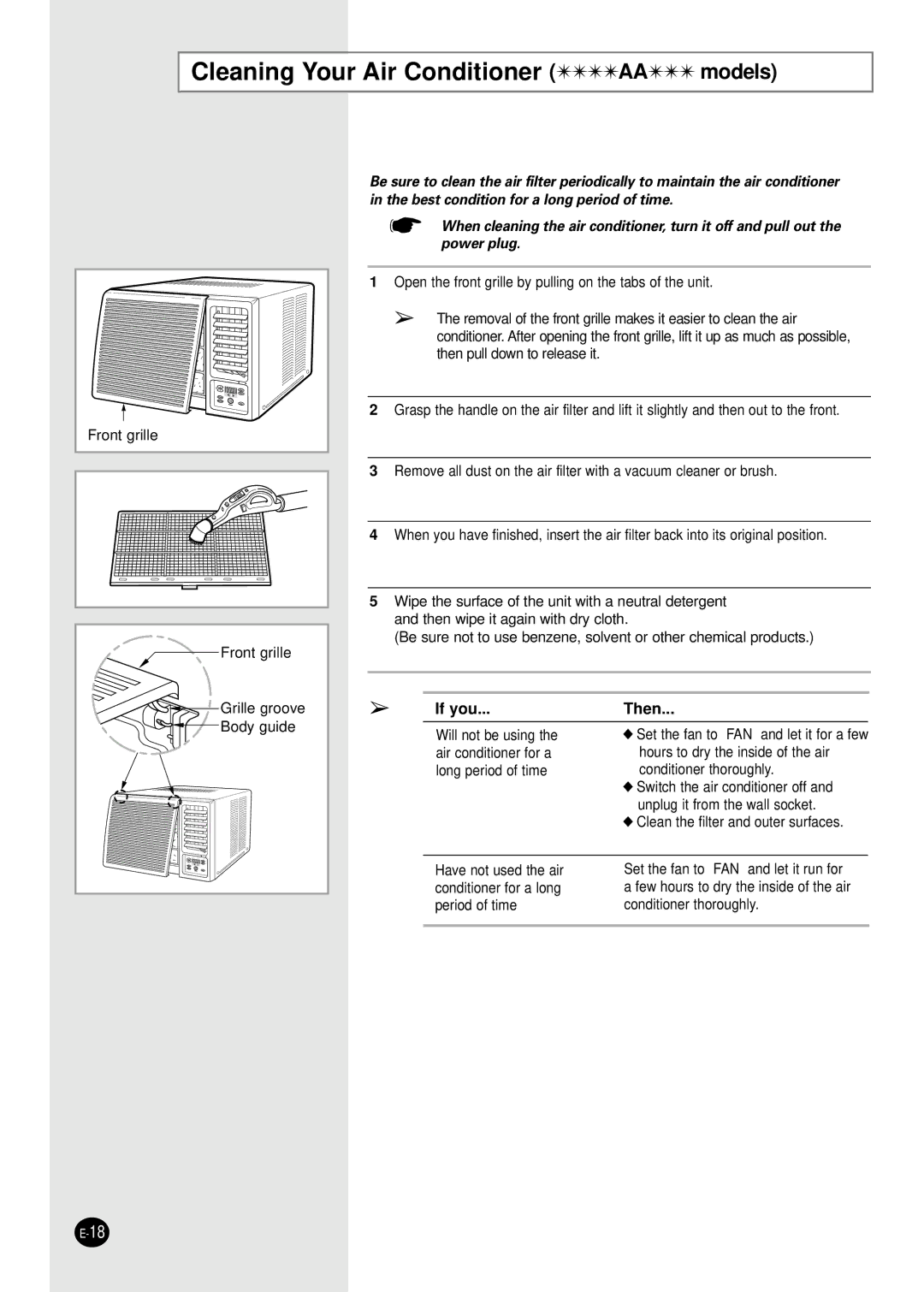 Samsung AZ18AAMEB1/UPA, AZ18FAMEB6/SAR, AZ18FAMEB1/ABS manual Cleaning Your Air Conditioner AA models 