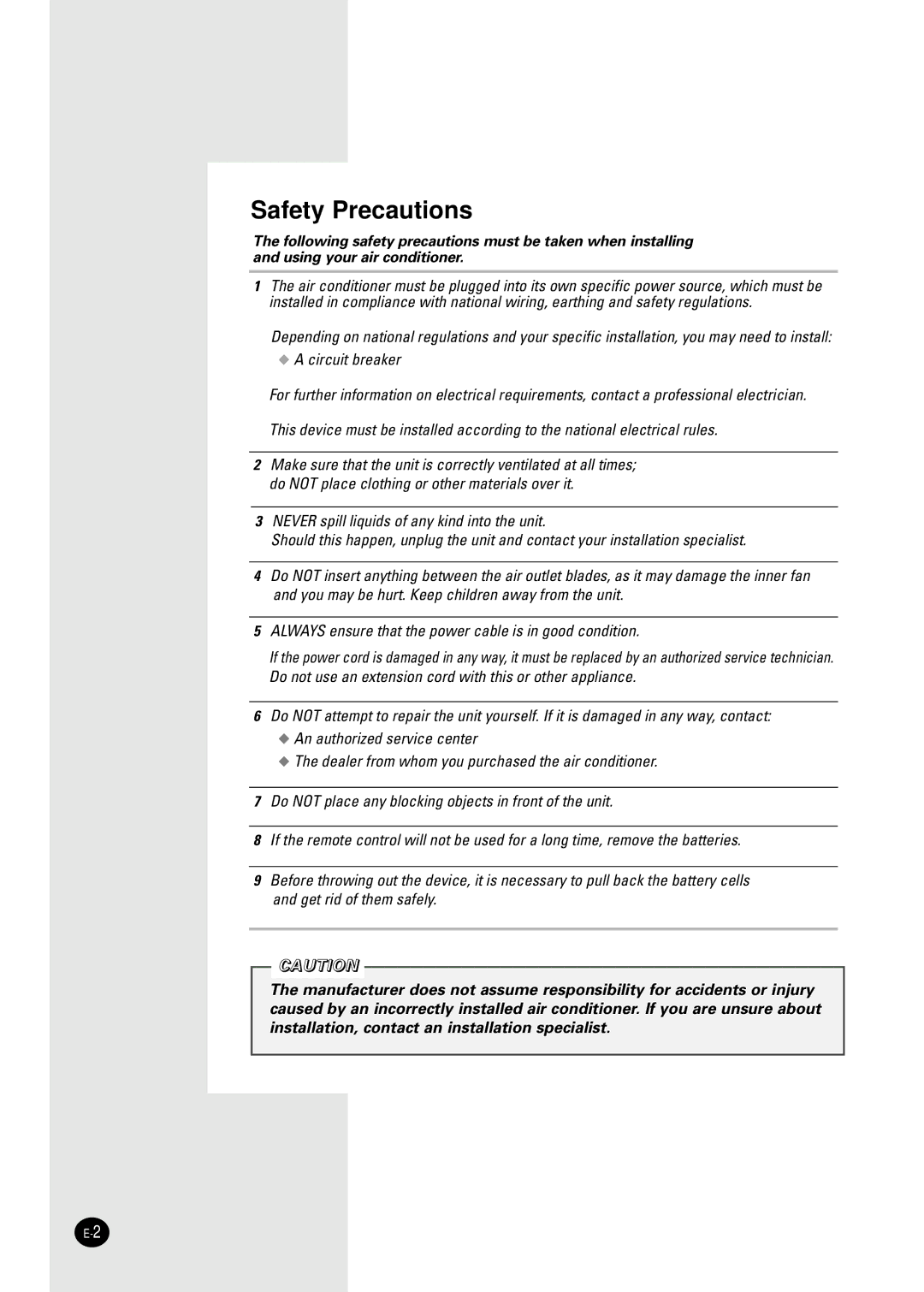 Samsung AZ18FAMEB1/ABS, AZ18AAMEB1/UPA, AZ18FAMEB6/SAR manual Safety Precautions 