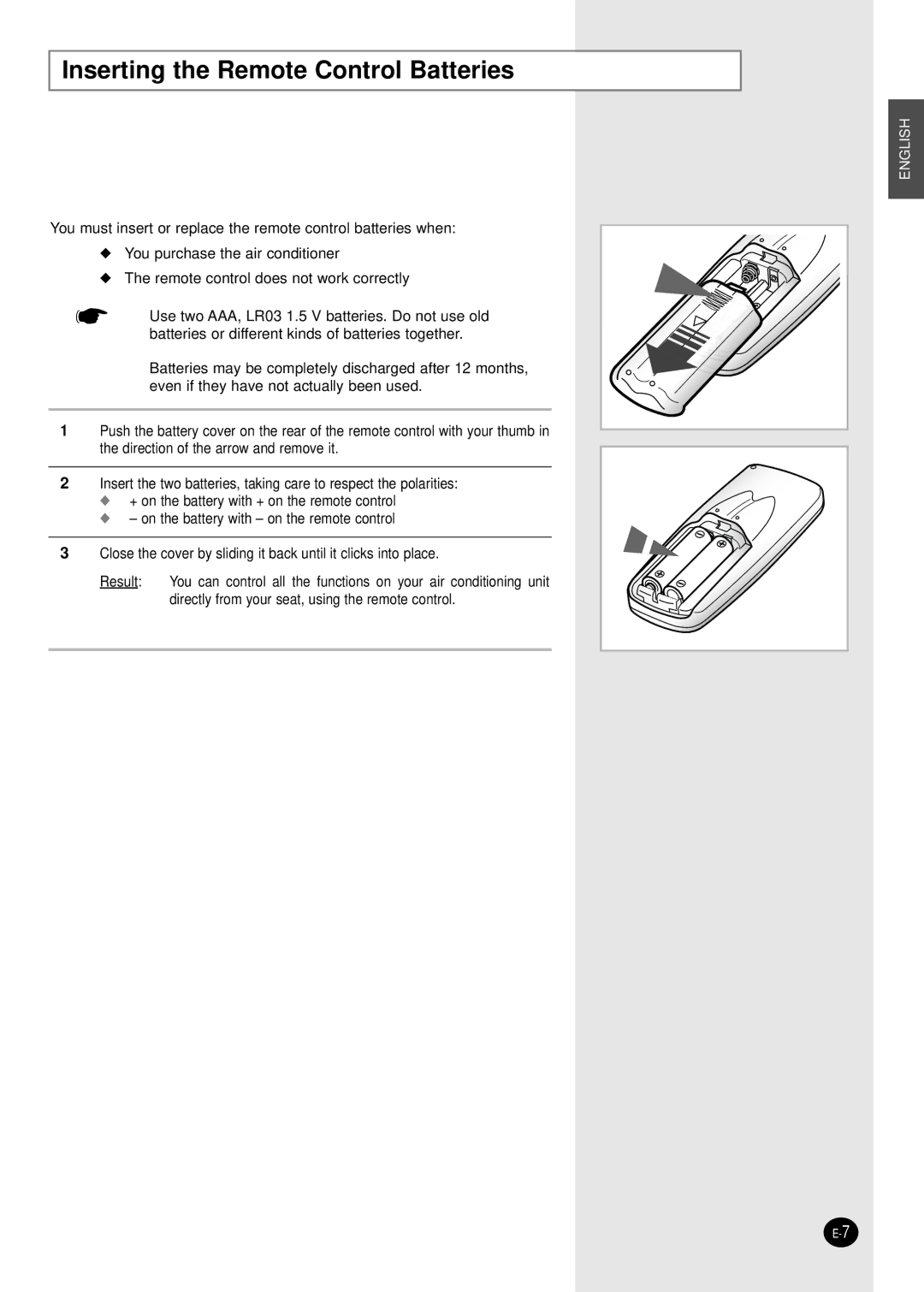 Samsung AZ18FAMEB6/SAR, AZ18AAMEB1/UPA, AZ18FAMEB1/ABS manual Inserting the Remote Control Batteries 