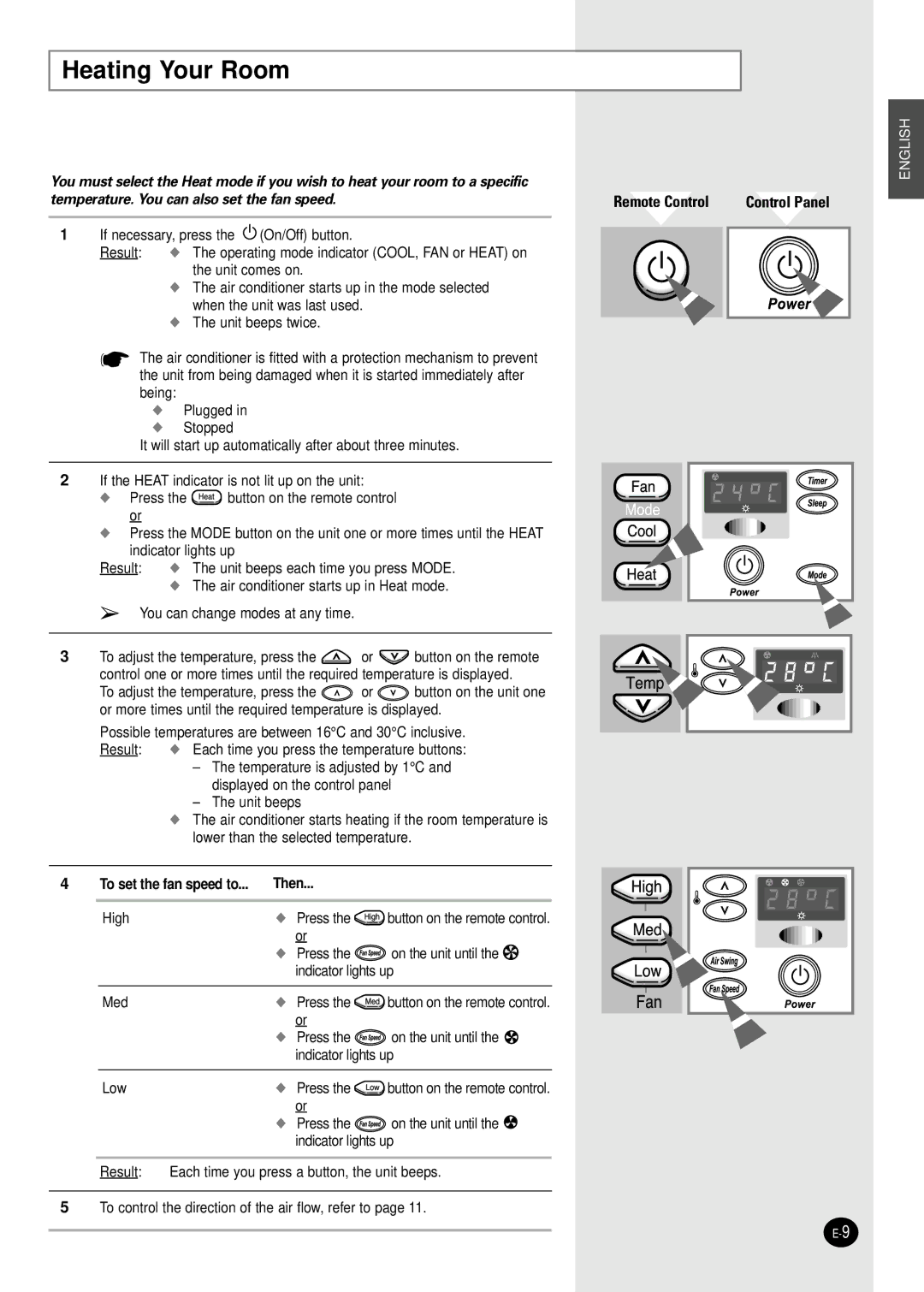 Samsung AZ18AAMEB1/UPA, AZ18FAMEB6/SAR, AZ18FAMEB1/ABS manual Heating Your Room, Then High Press 