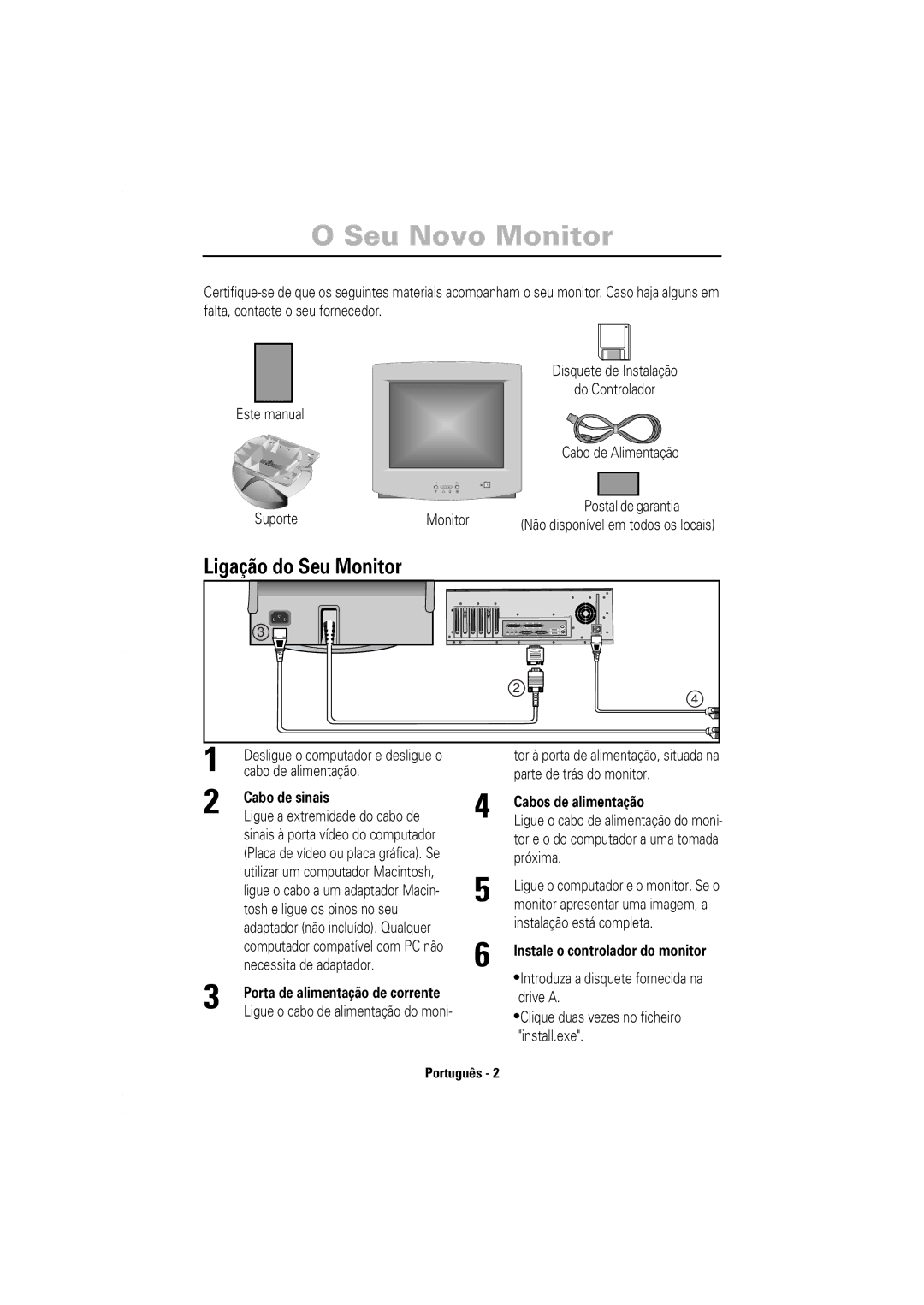 Samsung B, 750S manual Seu Novo Monitor, Ligação do Seu Monitor, Cabo de sinais, Cabos de alimentação 