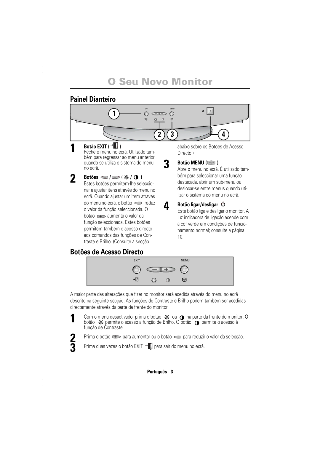 Samsung 750S manual Painel Dianteiro, Botões de Acesso Directo, Botão ligar/desligar 