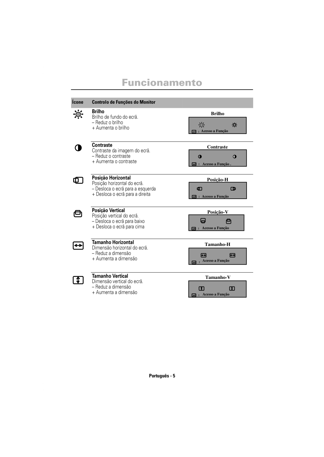 Samsung 750S manual Brilho, Contraste, Posição Horizontal, Posição Vertical, Tamanho Horizontal, Tamanho Vertical 