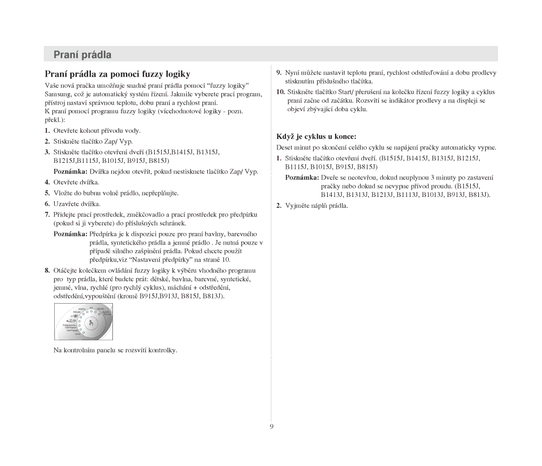 Samsung B1015JGW/YLW, B1215JGW/YLU, B1015JGW/YLU, B1215JGS/YLE Pran’ pr‡dla za pomoci fuzzy logiky, Kdyì je cyklus u konce 