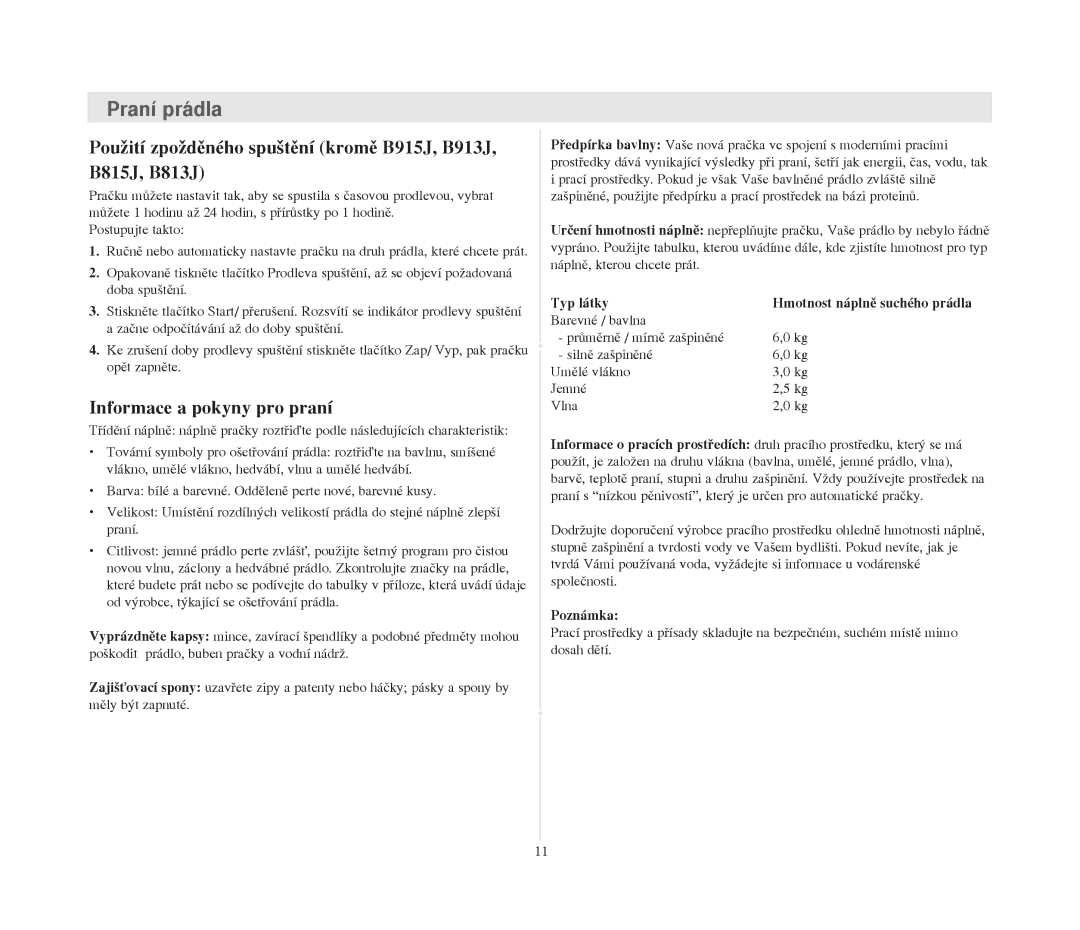 Samsung B1015JGW/YLU Pouìit’ zpoìdžnŽho spuätžn’ kromž B915J, B913J B815J, B813J, Informace a pokyny pro pran’, Pozn‡mka 