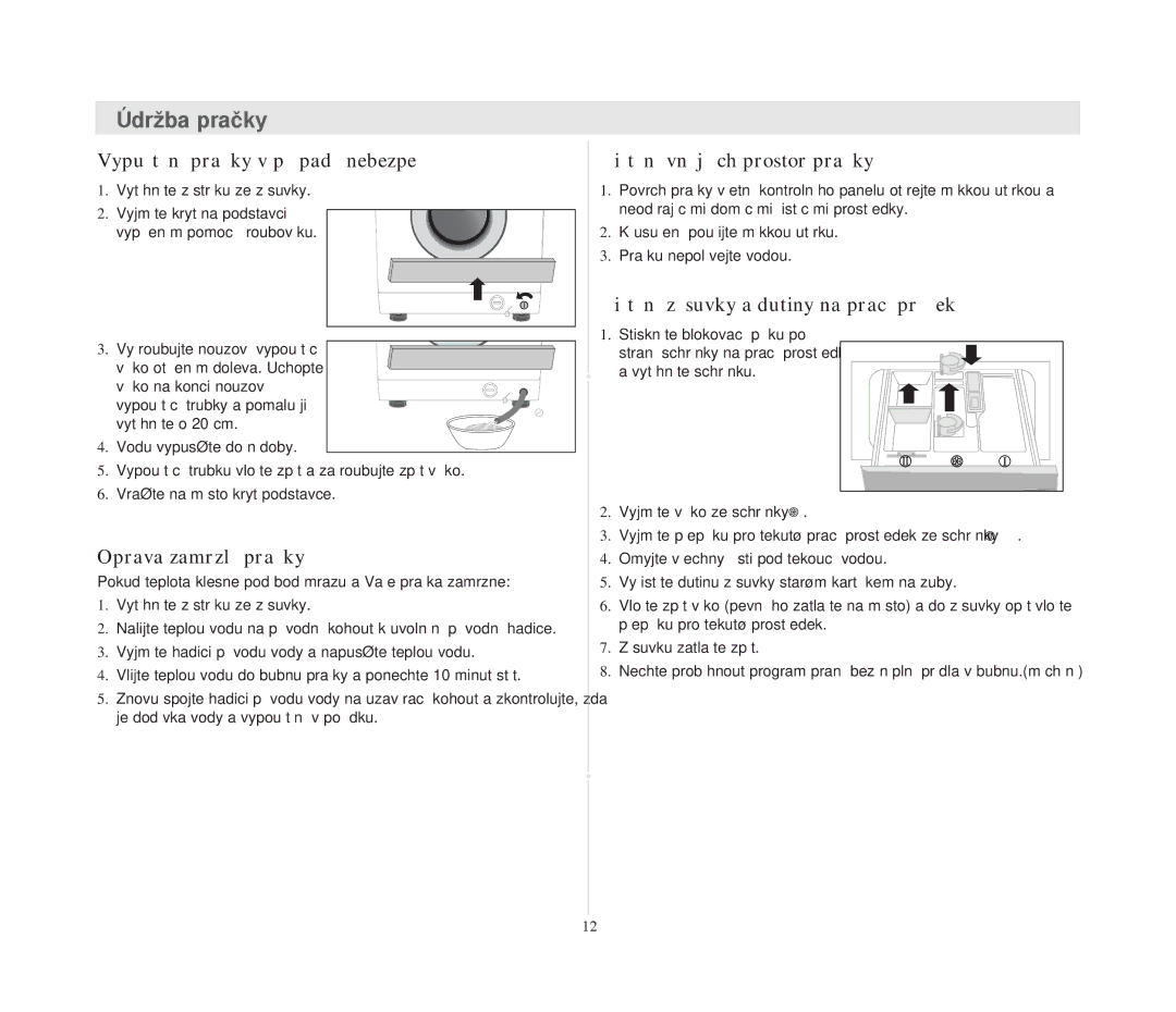 Samsung B1215JGS/YLE, B1015JGW/YLW, B1215JGW/YLU Òdrìba pra‹ky, Vypuätžn’ pra‹ky v pÞ’padž nebezpe‹’, Oprava zamrzlŽ pra‹ky 