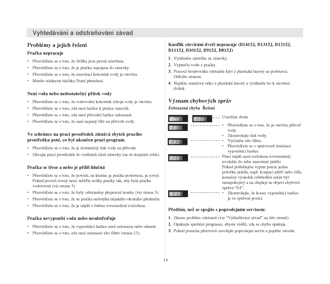 Samsung B1015JGW/YLW, B1215JGW/YLU manual Vyhled‡v‡n’ a odstraËov‡n’ z‡vad, ProblŽmy a jejich Þeäen’, Vùznam chybovùch zpr‡v 