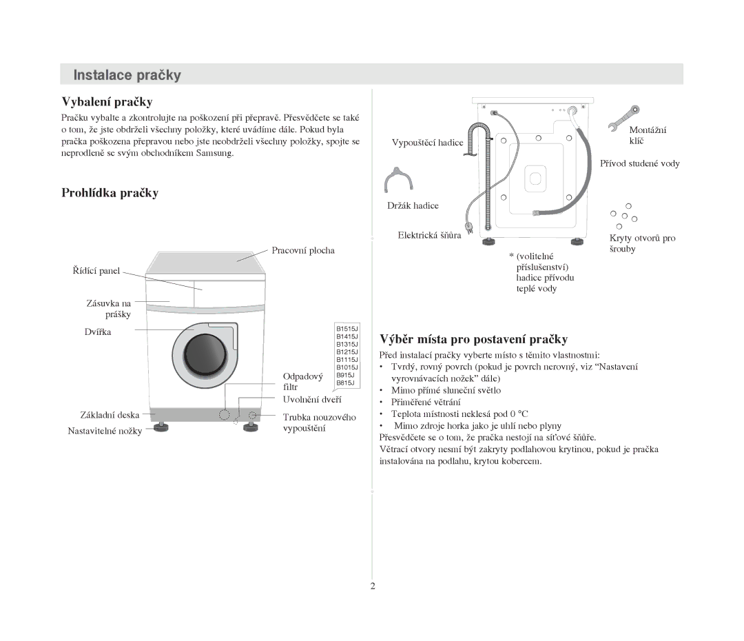 Samsung B1215JGS/YLE, B1015JGW/YLW Instalace pra‹ky, Vybalen’ pra‹ky, Prohl’dka pra‹ky, Vùbžr m’sta pro postaven’ pra‹ky 