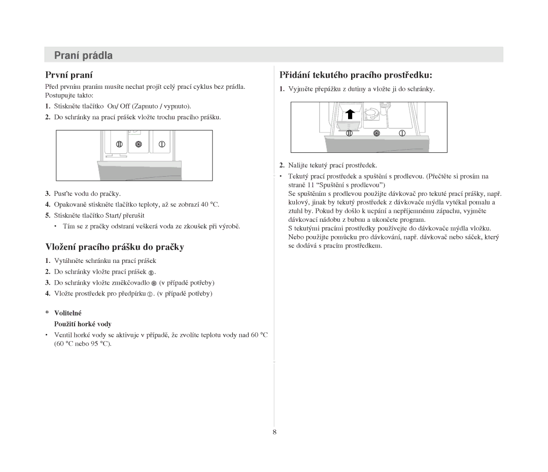 Samsung B1415JGS/XFA, B1015JGW/YLW manual Prvn’ pran’, Vloìen’ prac’ho pr‡äku do pra‹ky, PÞid‡n’ tekutŽho prac’ho prostÞedku 