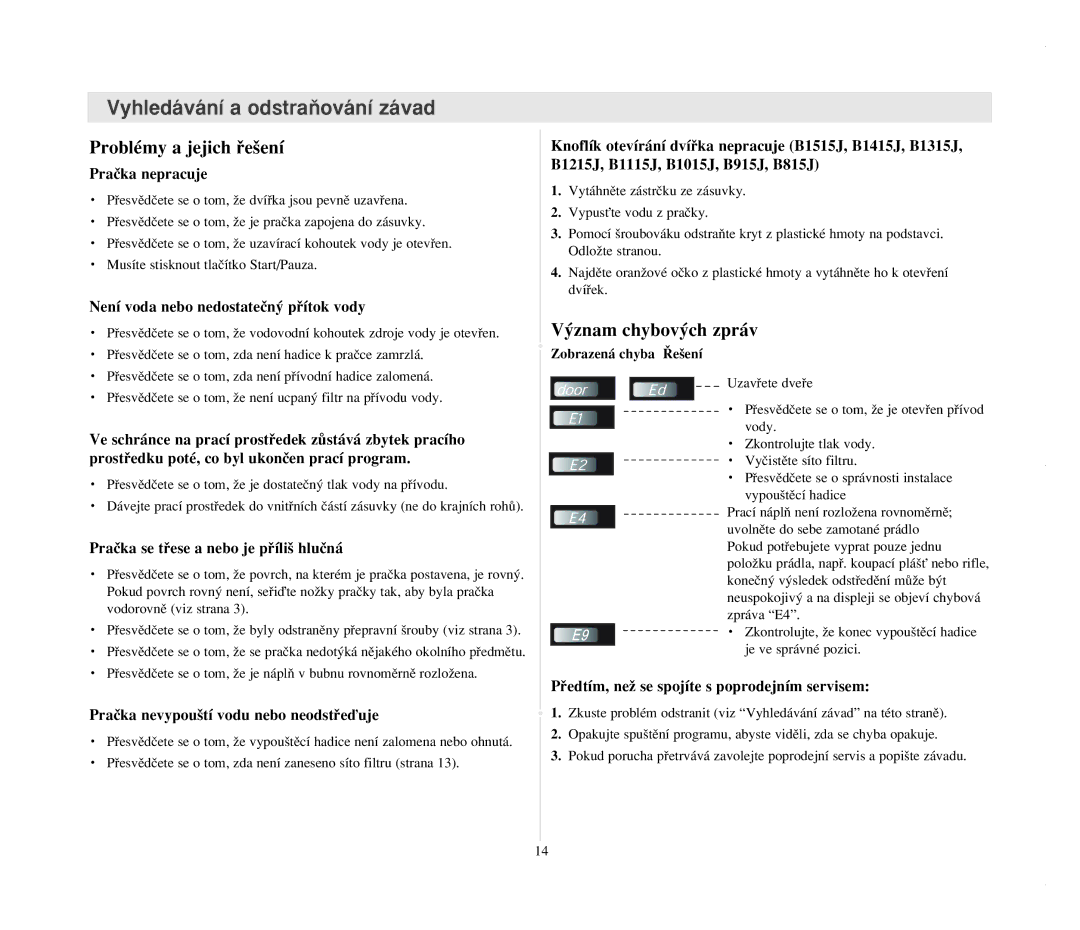 Samsung B1215JGS/YLE, B1015JGW/YLW manual Vyhledávání a odstraÀování závad, Problémy a jejich ﬁe‰ení, ˘znam chybov˘ch zpráv 