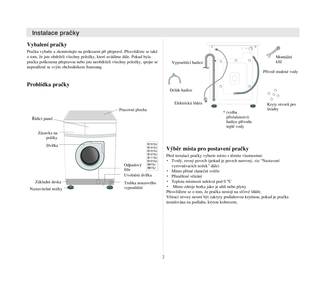 Samsung B1215JGS/YLE, B1015JGW/YLW Instalace praãky, Vybalení praãky, Prohlídka praãky, ˘bûr místa pro postavení praãky 