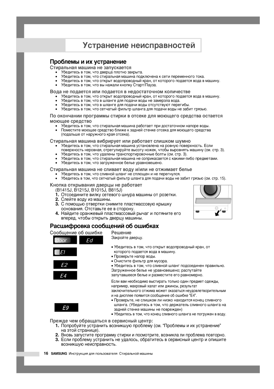 Samsung B1015JGW/YLW, B1415JGW/YLW Ìòú‡Ìâìëâ Ìâëòô‡‚Ìóòúâè, Ó·ÎÂÏ˚ Ë Ëı ÛÒÚ‡ÌÂÌËÂ, ‡Ò¯ËÙÓ‚Í‡ ÒÓÓ·˘ÂÌËÈ Ó· Ó¯Ë·Í‡ı 