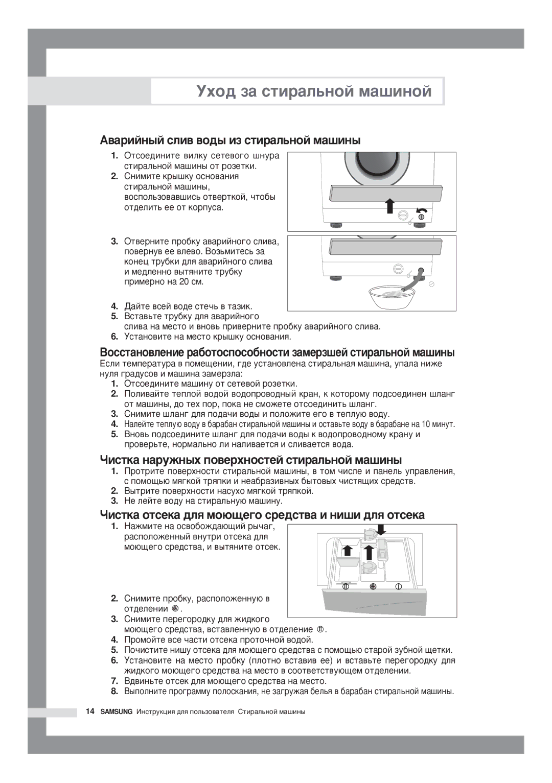 Samsung B1215JGW/YLW, B1015JGW/YLW, B1415JGW/YLW manual Õîä çà ñòèðàëüíîé ìàøèíîé, Äâàðèéíûé ñëèâ âîäû èç ñòèðàëüíîé ìàøèíû 