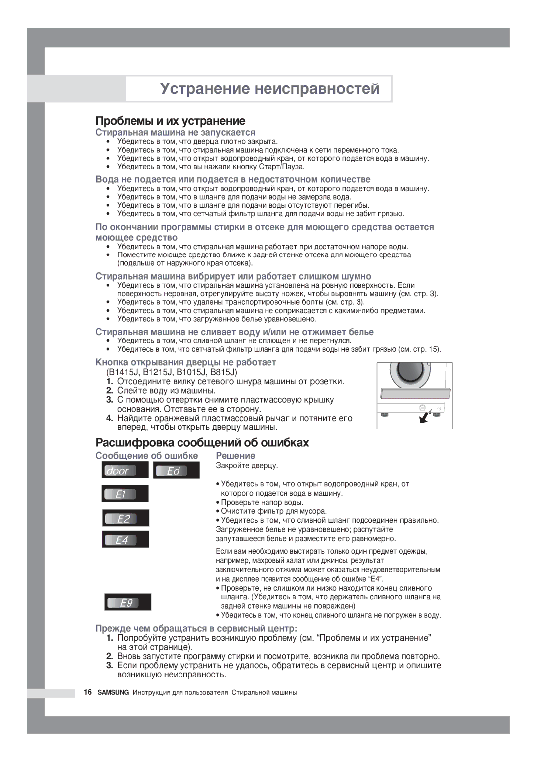 Samsung B1415JGW/YLP, B1015JGW/YLW manual Ñòðàíåíèå íåèñïðàâíîñòåé, Ðîáëåìû è èõ óñòðàíåíèå, Àñøèôðîâêà ñîîáùåíèé îá îøèáêàõ 