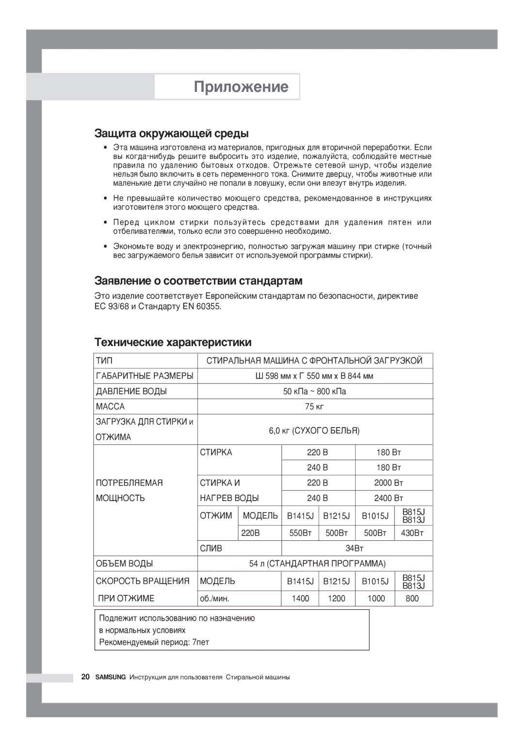 Samsung B1415JGS/YLP, P1091GW/YLE ‡àùèòà îêðóæàþùåé ñðåäû, ‡àßâëåíèå î ñîîòâåòñòâèè ñòàíäàðòàì, ’åõíè÷åñêèå õàðàêòåðèñòèêè 