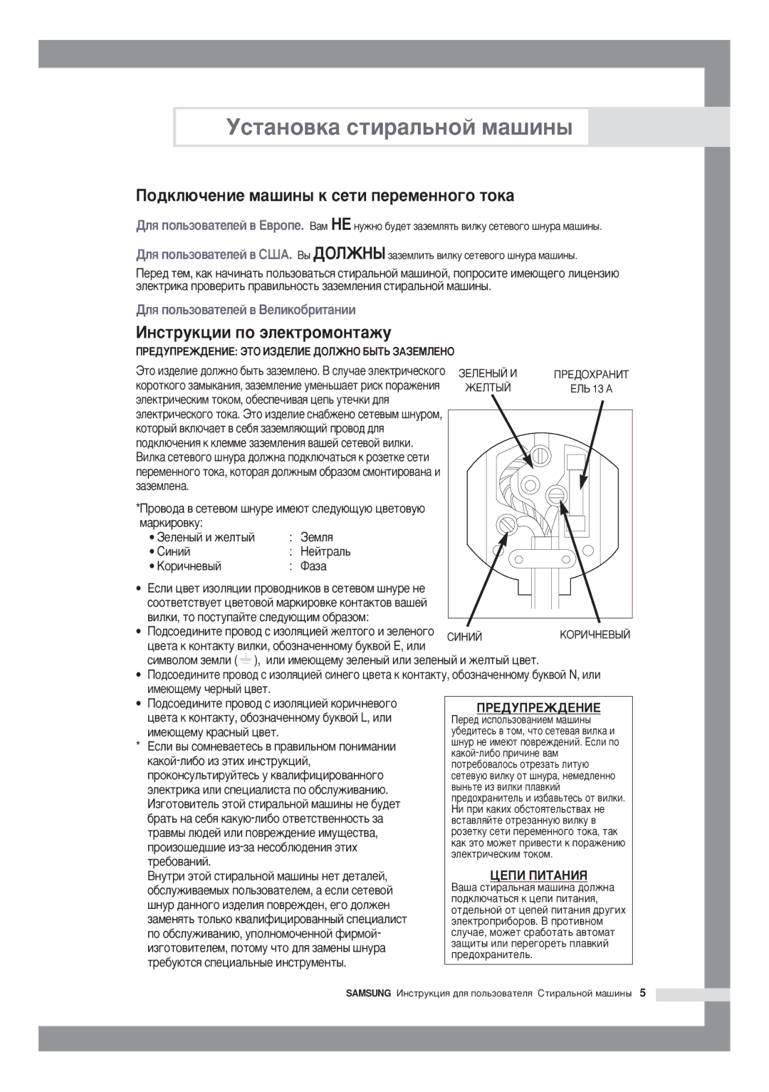 Samsung B1215JGW/YLP, B1015JGW/YLW, B1415JGW/YLW Îäêëþ÷åíèå ìàøèíû ê ñåòè ïåðåìåííîãî òîêà, ˆíñòðóêöèè ïî ýëåêòðîìîíòàæó 