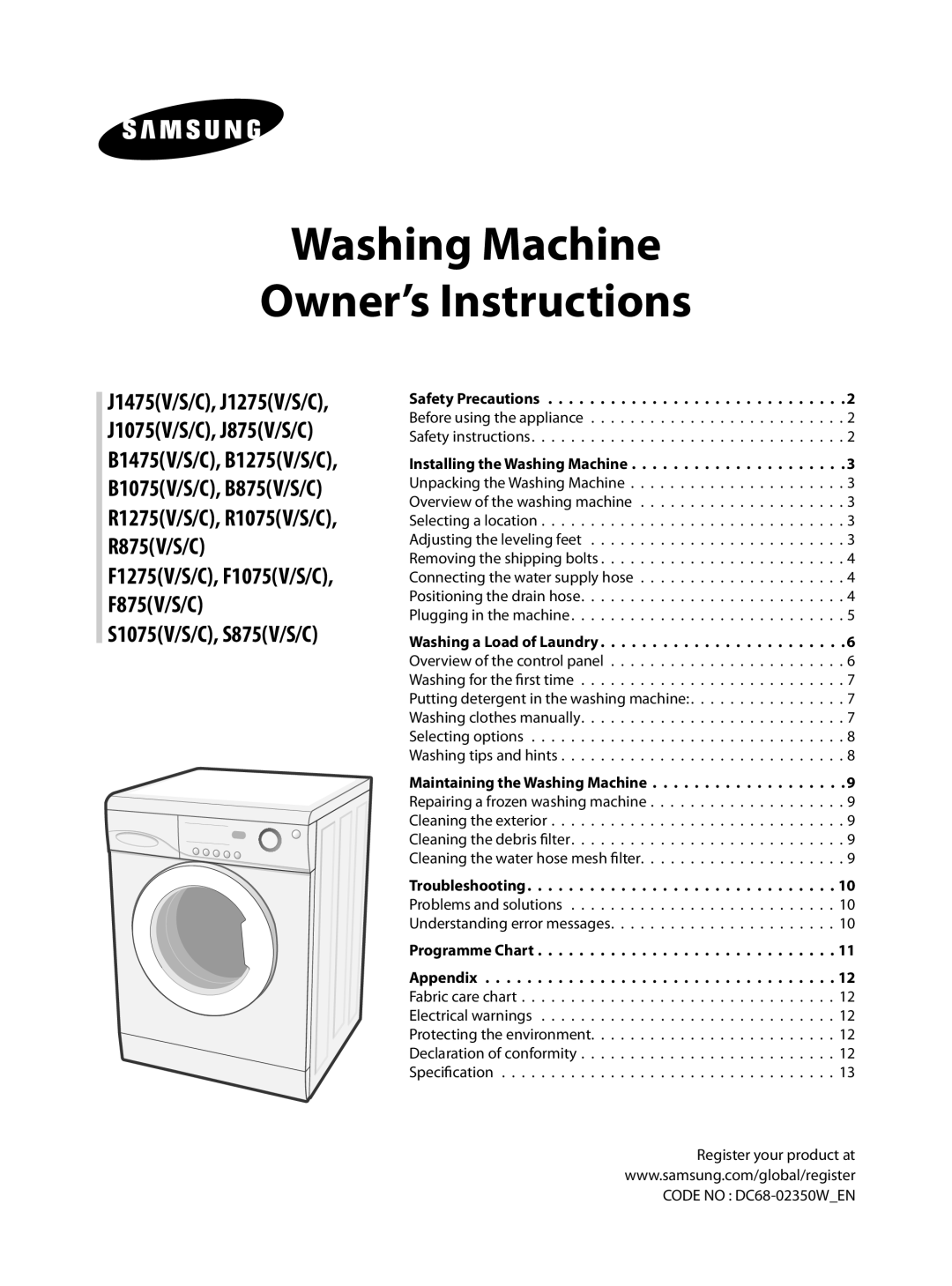 Samsung B1075TS/HAC manual Washing Machine Owner’s Instructions 