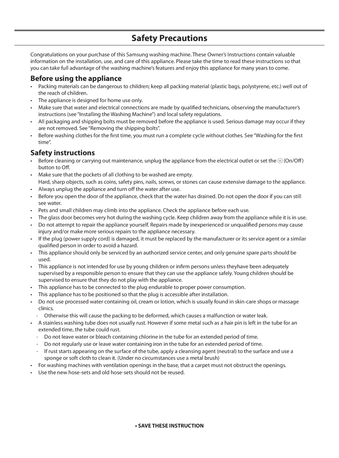 Samsung B1075TS/HAC manual Safety Precautions, Before using the appliance, Safety instructions 