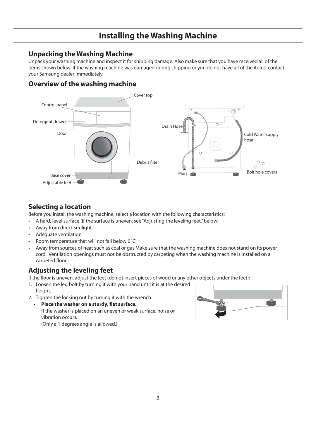 Samsung B1075TS/HAC manual Installing the Washing Machine, Unpacking the Washing Machine, Overview of the washing machine 