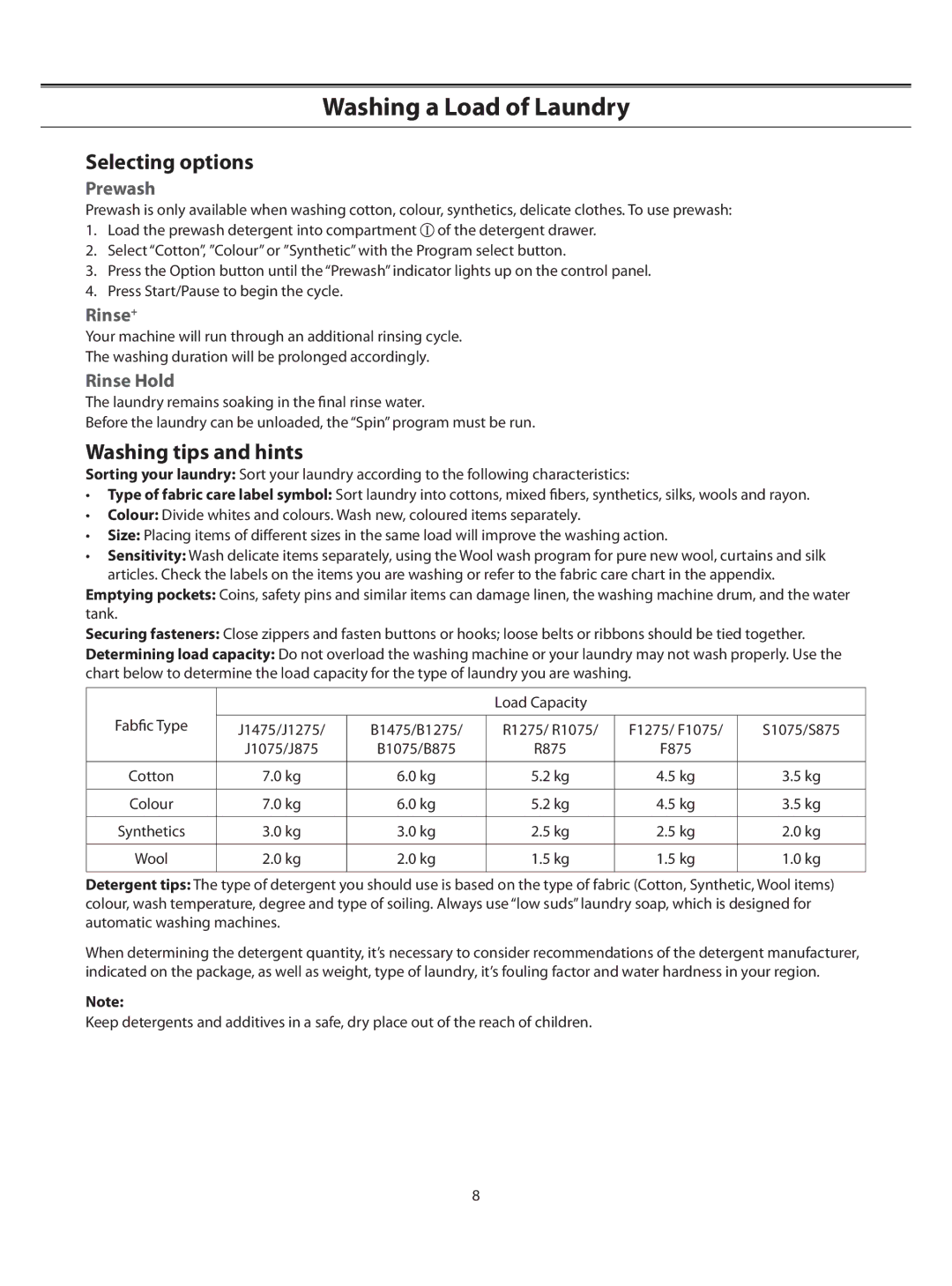 Samsung B1075TS/HAC manual Selecting options, Washing tips and hints, Prewash, Rinse+, Rinse Hold 