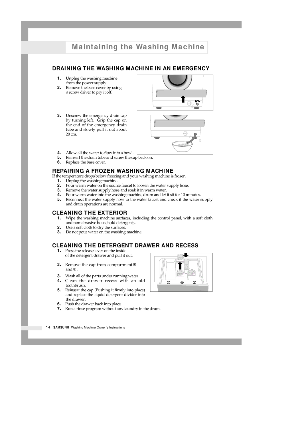 Samsung B1113J B913J Maintaining the Washing Machine, Draining the Washing Machine in AN Emergency, Cleaning the Exterior 