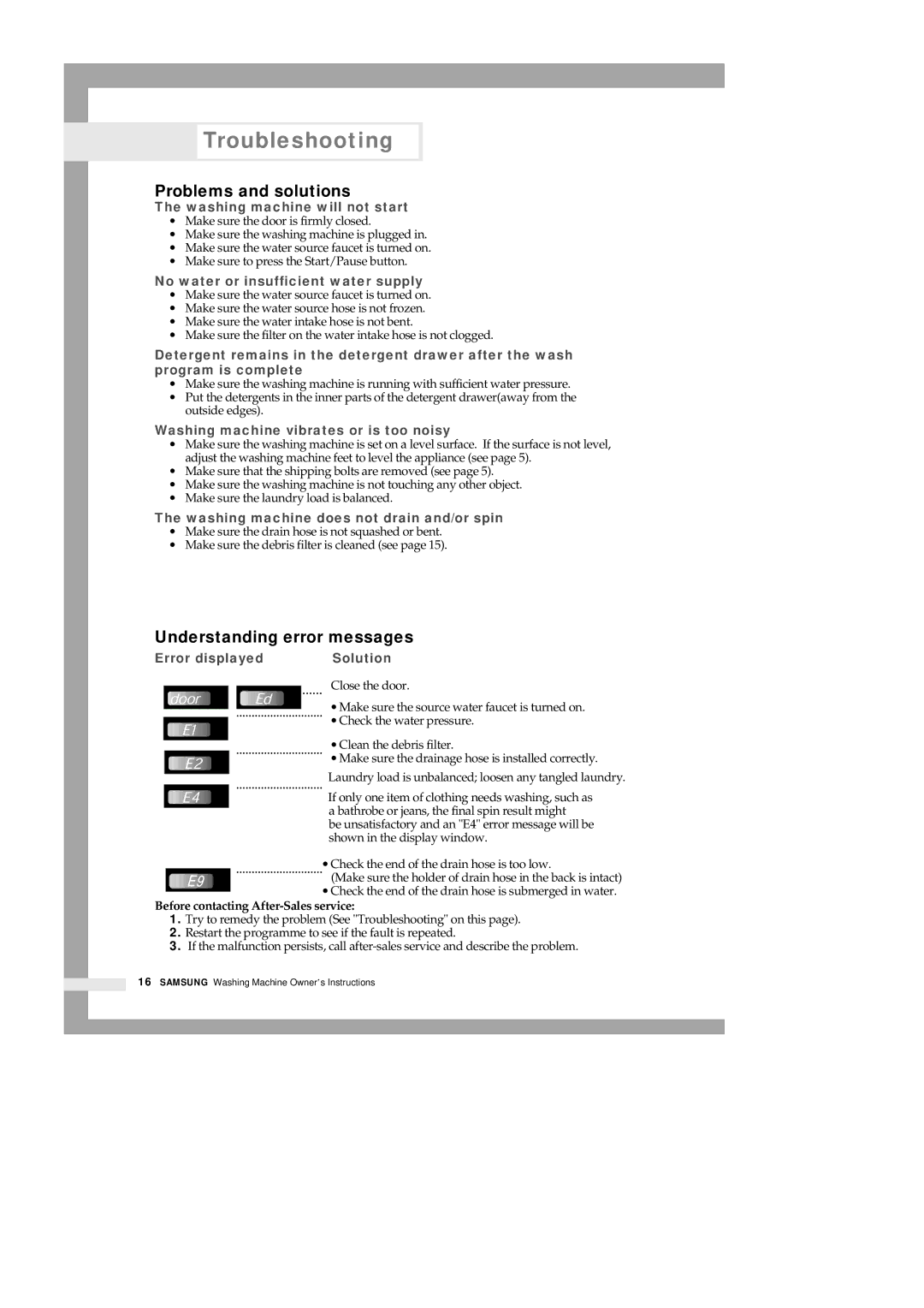 Samsung B1113J B913J manual Troubleshooting, Problems and solutions, Understanding error messages 