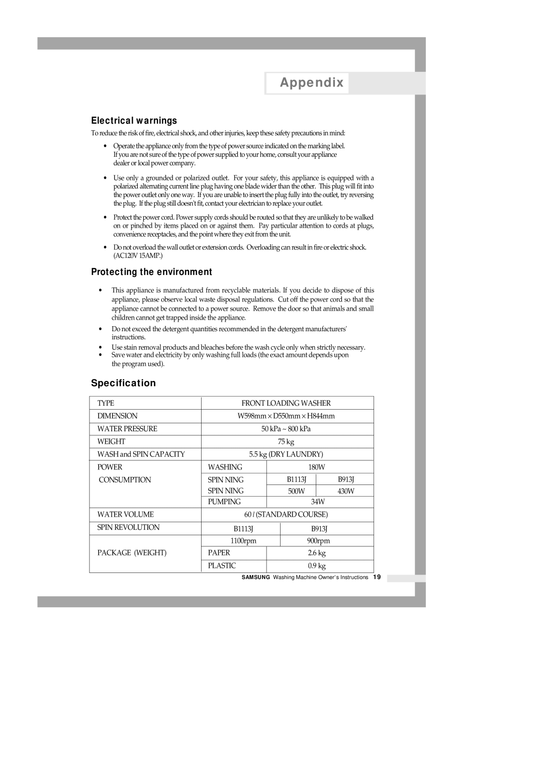 Samsung B1113J B913J manual Electrical warnings, Protecting the environment, Specification 