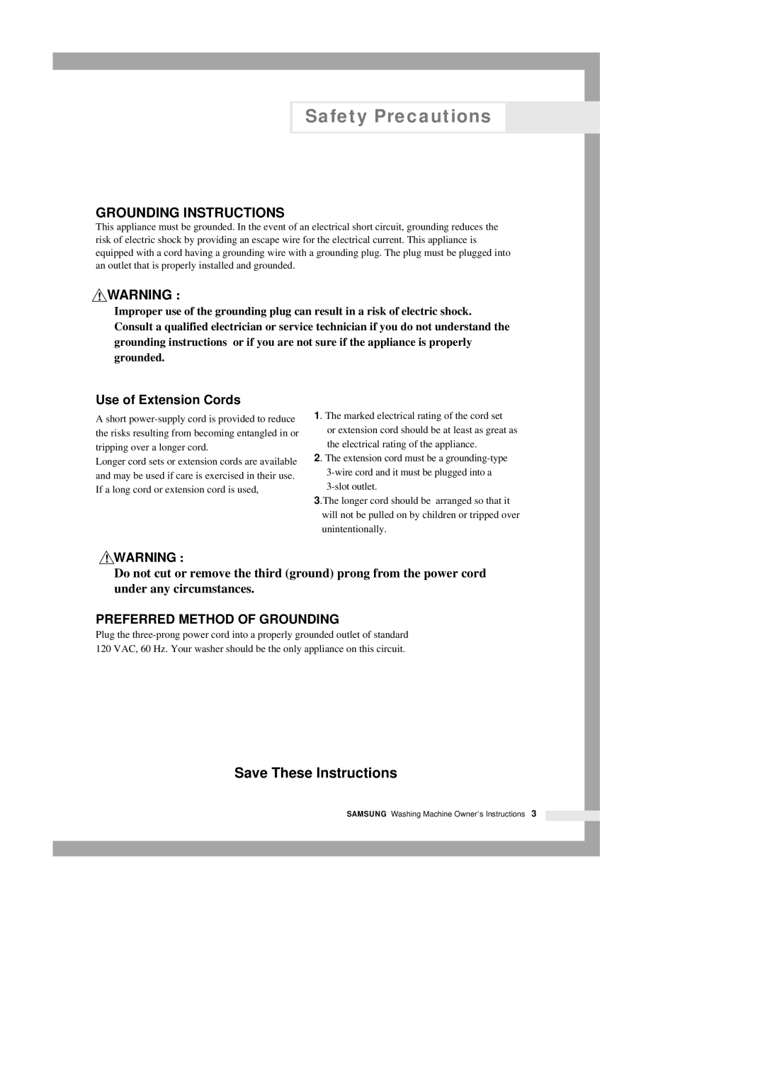 Samsung B1113J B913J manual Grounding Instructions, Use of Extension Cords 