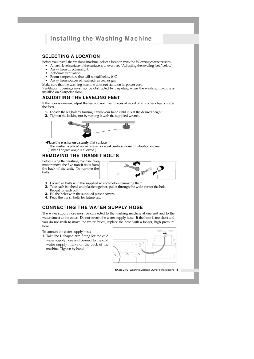 Samsung B1113J B913J manual Selecting a Location, Adjusting the Leveling Feet, Removing the Transit Bolts 