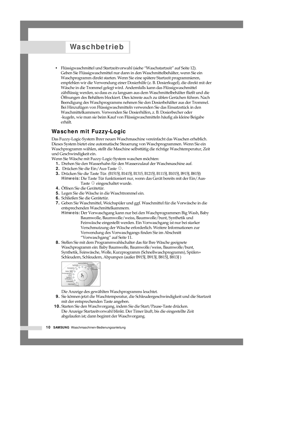 Samsung B1315JGS/XEG, B1115JGS/XEG, B1115JGW/XEG, B1515JGS/XEG, B1515JGW/XEG, B1315JGW/XEG manual Waschen mit Fuzzy-Logic 