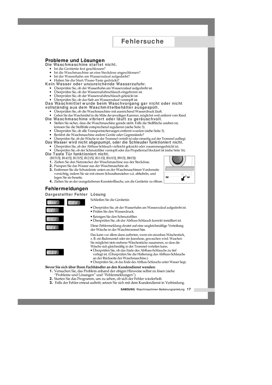 Samsung B1115JGW/XEG, B1115JGS/XEG, B1315JGS/XEG, B1515JGS/XEG manual Fehlersuche, Probleme und Lösungen, Fehlermeldungen 