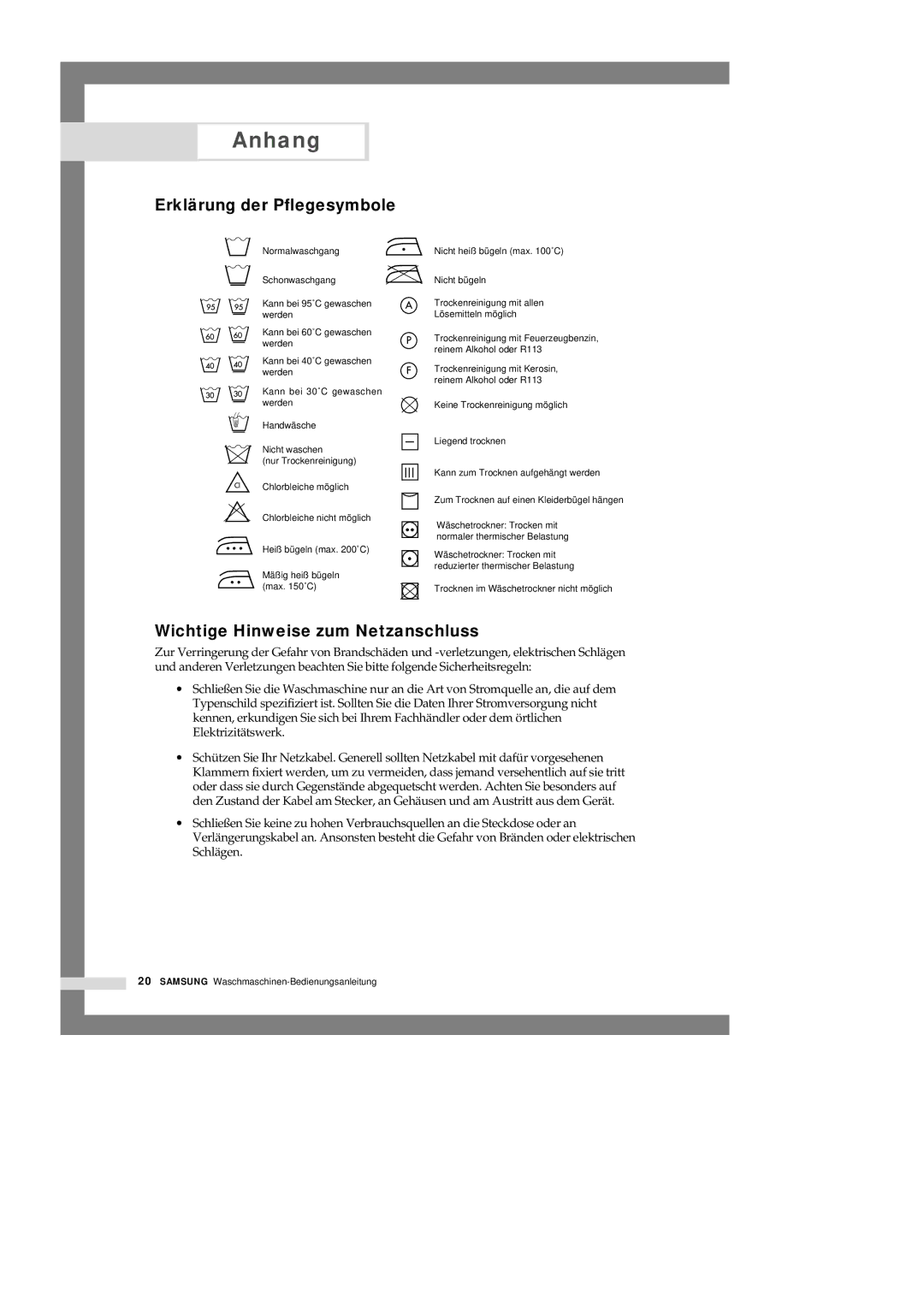 Samsung B1315JGW/XEG, B1115JGS/XEG, B1315JGS/XEG Anhang, Erklärung der Pflegesymbole, Wichtige Hinweise zum Netzanschluss 