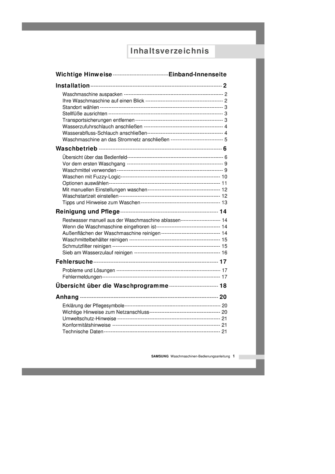 Samsung B1515JGW/XEG, B1115JGS/XEG, B1315JGS/XEG Inhaltsverzeichnis, Einband-Innenseite, Übersicht über die Waschprogramme 